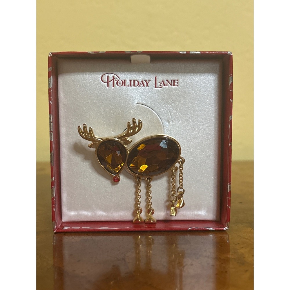 Macys Holiday Lane Rudolph Red Nose Reindeer Brooch Gold Tone Amber Crystal Pin